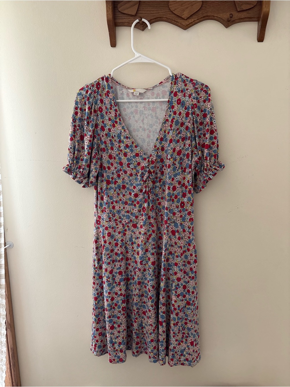 Boden Womens Floral V-Neck Jersey Mini Dress Short Puff Sleeve Pockets US 8R